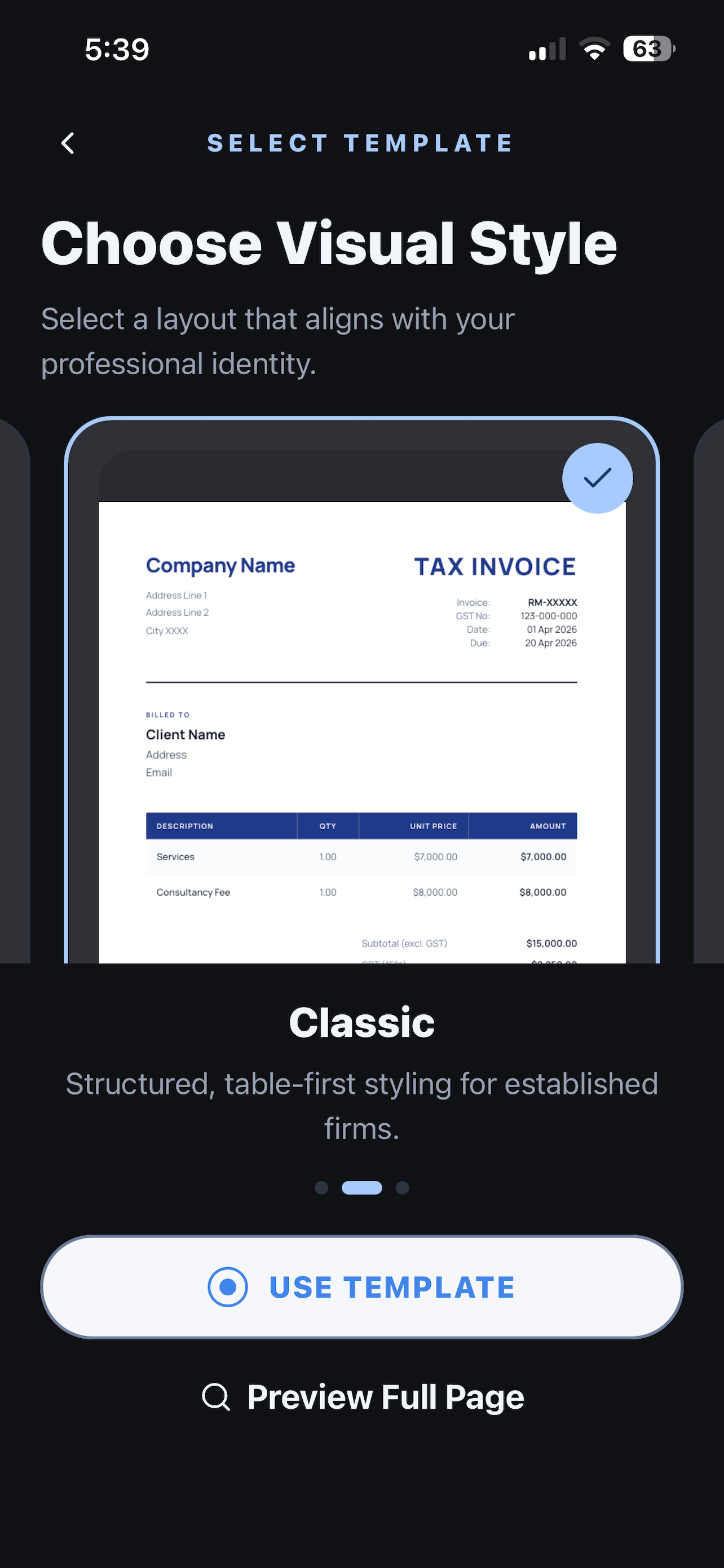 Ledg3 template screen showing reusable invoice layout and business details.